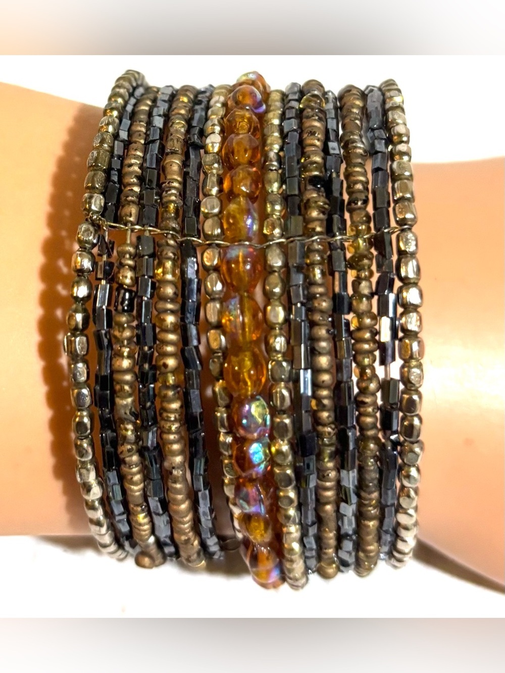 Layered Brown and Black Beaded Stretch Bracelet